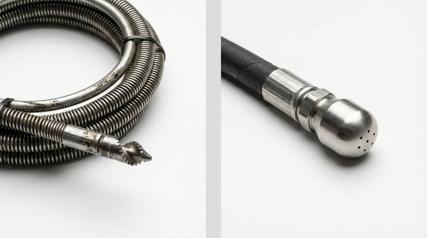 Drain snake cable and hydro jetting nozzle used for drain cleaning in Pleasanton, CA