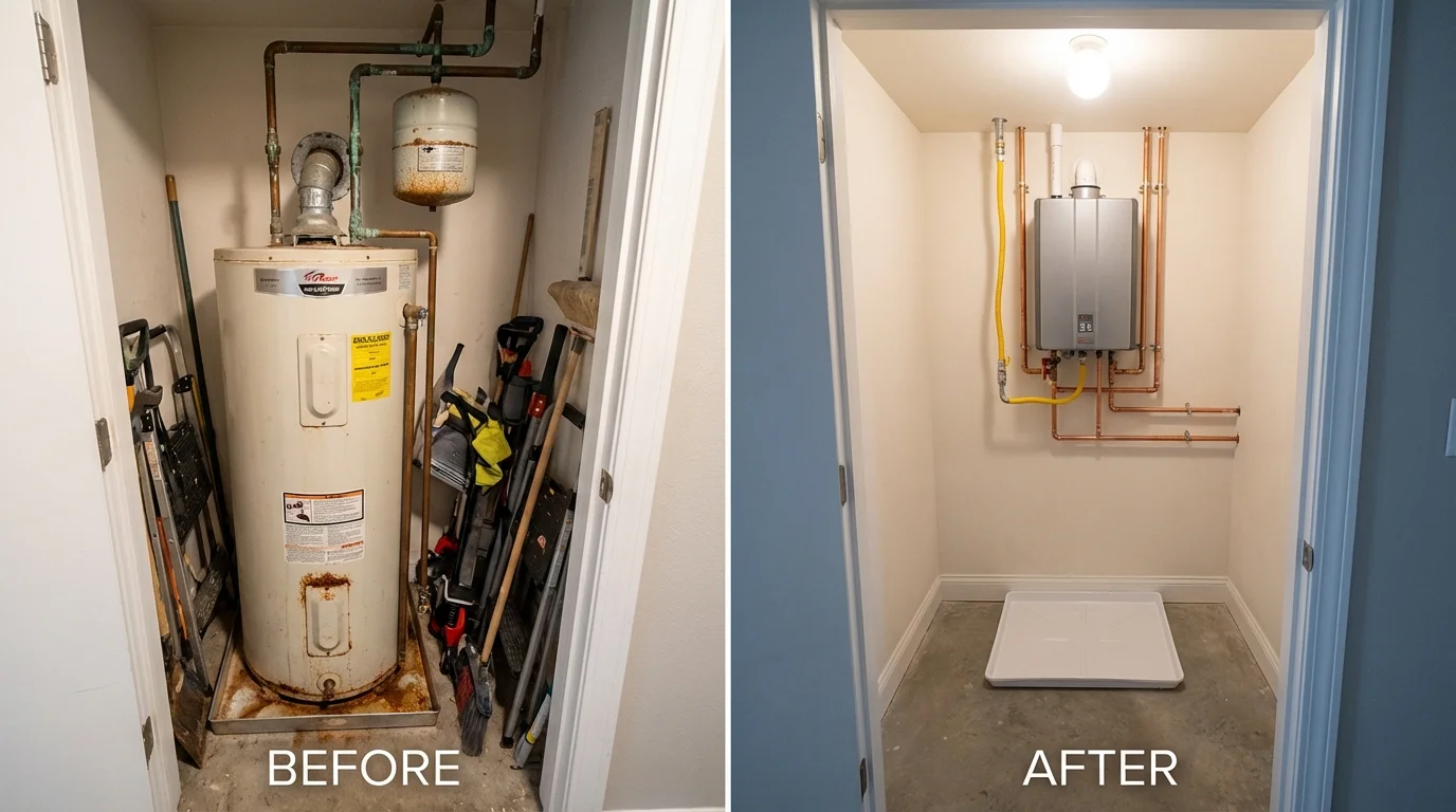 Tank water heater versus wall-mounted tankless unit comparison for Pleasanton, CA homeowners