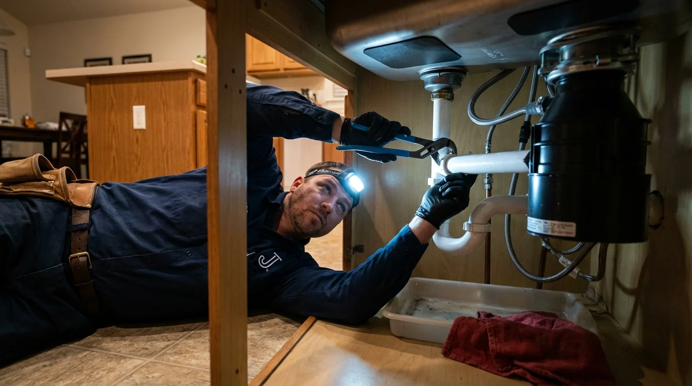 P-trap and supply line connections under a kitchen sink showing a common leak point in Pleasanton, CA